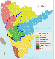 Map of south India, with the districts of modern-day Karnataka highlighted