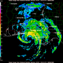 Radar image of storm making landfall on the Florida Panhandle. The storm's eye is visible near the center.