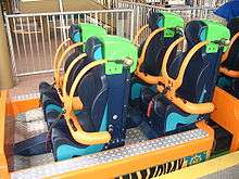Empty coaster seats, with restraints in place