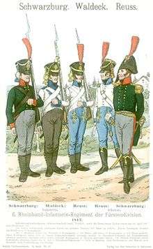 Print depicts five soldiers. From left to right, the first man sports a green coat and gray breeches. The second soldier wears a white coat with blue facings and dark gray trousers. The third and fourth are dressed in white coats with light blue pants. The fifth man wears the same green and gray as the first, but his headgear is a bicorne hat. The other four wear black shakos with plumes.
