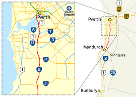 Map of Perth and surrounds, with Kwinana Freeway highlighted in red
