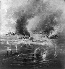 Indiana, painted white against a black sea, is steaming between and shooting at sinking and burning ships