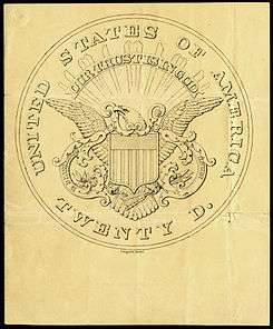 Hand-drawn design for the reverse of the $20 Liberty Head with a proposed (but not adopted) version of the motto.