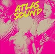 Album cover depicting a doctor examining a young boy, who is holding his mother's hand.  A camera flash obscures the face of the boy, and the entire image is tinted a purple color.  The words "Atlas Sound" are printed in a slanted yellow font at the top and center of the cover.