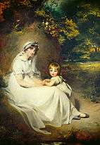 Woman in a white bonnet and a small child