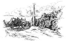 In drawing of a car on the Rotoma hill