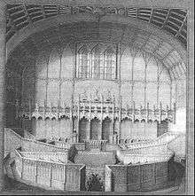 A detailed engraving of a courtroom