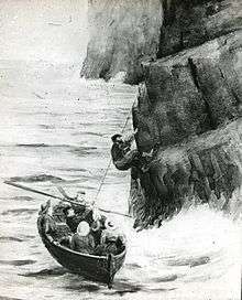 Drawing by Heathcote of a man climbing from a rowing boat using a rope attached to a cliff jutting from the sea. Six men and women are watching him from the boat buffeted by waves.