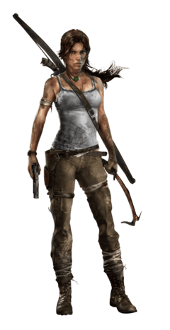 A computer generated image of a brown haired woman whose body faces to the right while her head is turned down towards the ground, and left hand is placed on her wounded shoulder. She wears a dirty white shirt, ripped green pants and black boots. She has several abrasions covered by cloth. The woman holds a bow in her right hand.