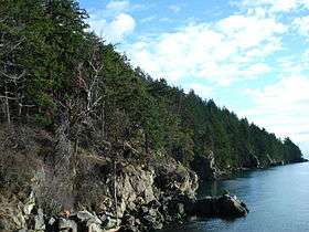 A steep rocky coastline covered in trees