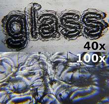 Laser engraved glass microscope slide at 40x and 100x magnification.