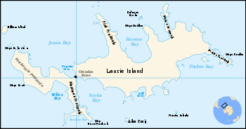  Outline lap of an irregular-shaped island showing Scotia Bay and the site of the Orcadas weather station