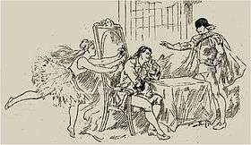 Drawing of a production of a 19th-century opera, with ballerina and two men