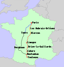 The route of Le Capitole (red and orange) and its TGV replacement (blue and grey).