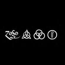 A black background with the Led Zeppelin runes from their fourth album in white: "Zoso" for Page, a triquetra for Jones, three rings for Bonham, and a feather inscribed in a circle for Plant