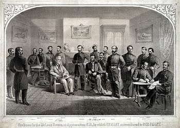 drawing of men in uniform sitting and standing in parlor
