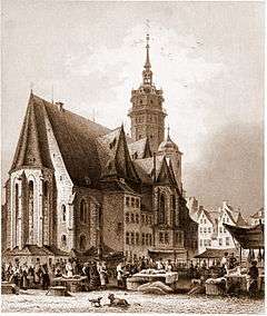 Nikolaikirche, one of the major churches of Leipzig, black-and-white view of the exterior from the market
