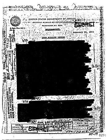 Document with text almost all blacked out, dated 1972.