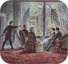 Image of Lincoln being shot by Booth while sitting in a theater booth.