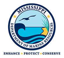 Navy, aqua and light blue with yellow and green full color logo of the Mississippi Department of Marine Resources featuring a seabird and marshy beach with the tag line Enhance, Protect, Conserve. Circa 2015.