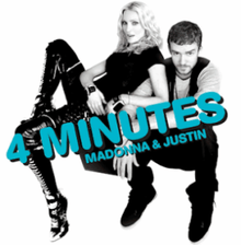 Madonna sitting beside Justin Timberlake in front of a white background, wearing tight black leather pants and a T-shirt. Timberlake is similarly dressed.