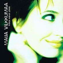The cover artwork shows only a bit obscure picture of a face of a woman approximately at the age between 20 and 30 with short, apparently black hair. The smiling face with closed mouth, turned half-way to the left, and the woman's right hand in a fist placed to support her jaw, are exposed to greenish, white light. Due to the angle of the face, the woman's right eye is not visible. On the right side of the picture is a dark space with the vertical, bottom-to-the-top capital script which reads "Maija Vilkkumaa" on the upper row and "Pitkä ihana leikki" on the lower row, with both rows written in capital letters.