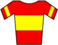 Red jersey with yellow stripes.
