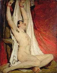 nude male with his arms tied above his head