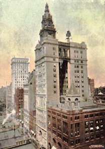 Drawing of a 20-story building with a tan exterior and large, tapering tower with a dark exterior