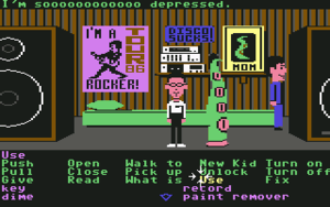 A horizontal rectangular video game screenshot that is a digital representation of a domestic room. Two human characters stand beside a green tentacle in the middle of the room. Below the scene is a list of commands.