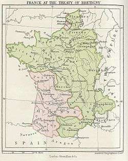 Map showing 14th-century France in green, with the southwest and parts of the north in pink.