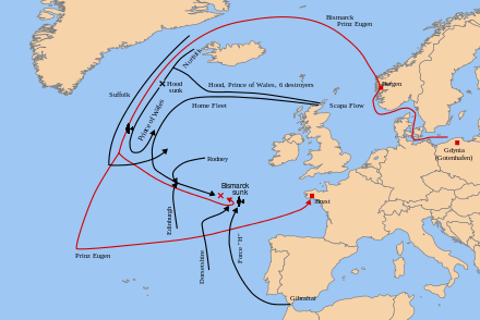 Map of the North Atlantic and Royal Navy operations shown as black lines against the battleship Bismarck indicated as red lines, with approximate movements of ship groups and places of aerial attacks