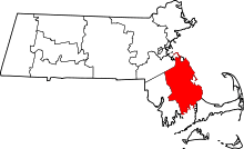 Map of Massachusetts highlighting Plymouth County
