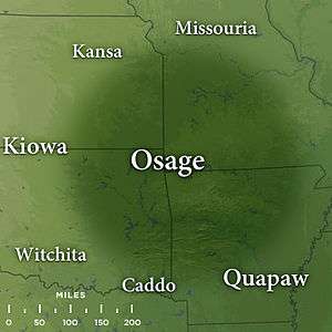 Map featuring traditional Osage lands by the late 17th century in the states of northwest Arkansas, southeast Kansas, southwest Missouri, and northeast Oklahoma