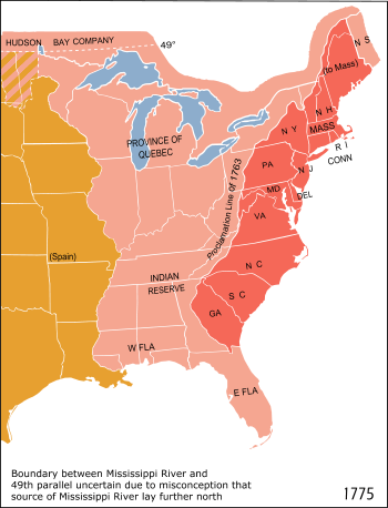 Eastern North America in 1775. The British Province of Quebec, the thirteen colonies on the Atlantic coast, and the Indian reserve as defined by the Royal Proclamation of 1763. The 1763 Proclamation line is the border between the red and the pink areas, while the orange area represents the Spanish claim.