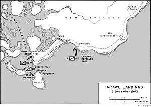 A black and white map of the Arawe area depicting the 112th Cavalry Regiment's landing on 15 December 1943 as described in the article