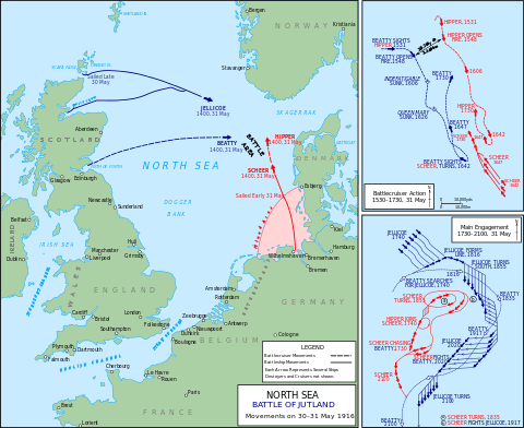 The British fleet sailed from northern Britain to the east while the Germans sailed from Germany in the south; the opposing fleets met off the Danish coast.