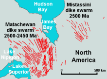 This map shows the location of the Matachewan Dike Swarms, which are northeast of Lake Superior and southwest of James Bay.