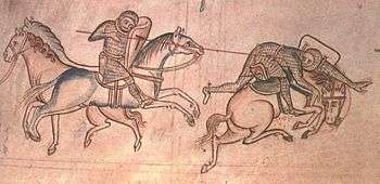 Parchment drawing of two chain-mail clad men fighting on horseback where the one on the left is spearing the other.