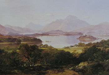 Painting of a lake with fading mountains in background and darker trees in foreground.