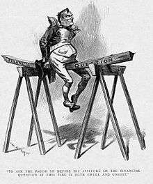 A political cartoon shows McKinley riding a plank of wood marked "Financial question".