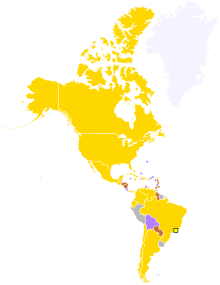 Map of the Americas pointing countries colored in gold, silver and bronze according to their top achievements during the 2007 Games. Countries that have not won medals are colored in purple. The yellow square indicates the location of the host city.