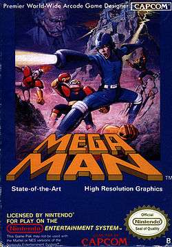 Artwork of a dark blue, vertical rectangular box. The top portion reads "Mega Man" along with various other labels, while the artwork depicts a humanoid figure in a blue outfit shooting an energy beam from his right arm. Behind him, three robot masters and a floating visage of Dr. Wily can be seen.