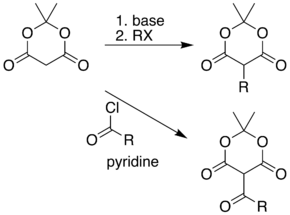 Reaction of the acidic methylene of Meldrum's acid with various electrophiles gives alkyl and acyl products