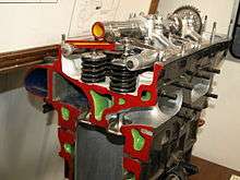 A sectioned, parallel valve, aircraft engine cylinder head is shown with colour-coded internal details. Coolant passageways are painted green; the valves, valve springs, camshaft and rocker arms are also shown.