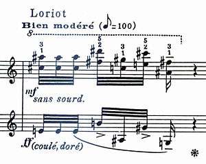 A fragment of printed piano music, labelled with the French word "Loriot". The music is marked "Bien modéré" with a tempo of 100 quaver (quarter-note) beats per minute, "san sourd" on the upper stave and "coulé, doré" on the lower.