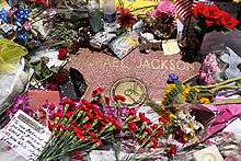 Recording artist Michael Jackson's star, surrounded by flowers, candles, and cards, as observed about two weeks after his death in 2009