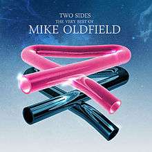 Blue and pink bent triangular tubular bells on a background of a white/blue gradient space-scape. The words "Two Side The Very Best of Mike Oldfield" appear at the top centre.