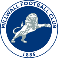 Blue rampant lion above the word Millwall in blue letters.