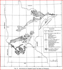 This map shows the locations of crystalline rocks in Minnesota. They lie generally in two discontiguous southwest-to-northeast belts.